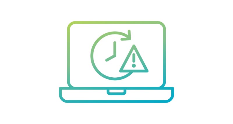 Icon of a laptop with a warning symbol and a clock
